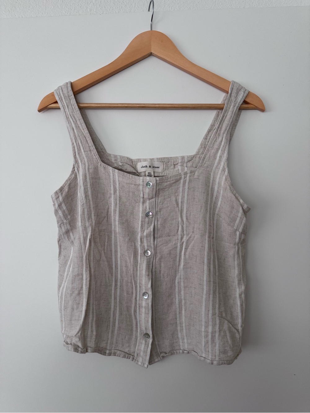 cloth & stone Taupe and White Striped Linen-Blend Button Tank